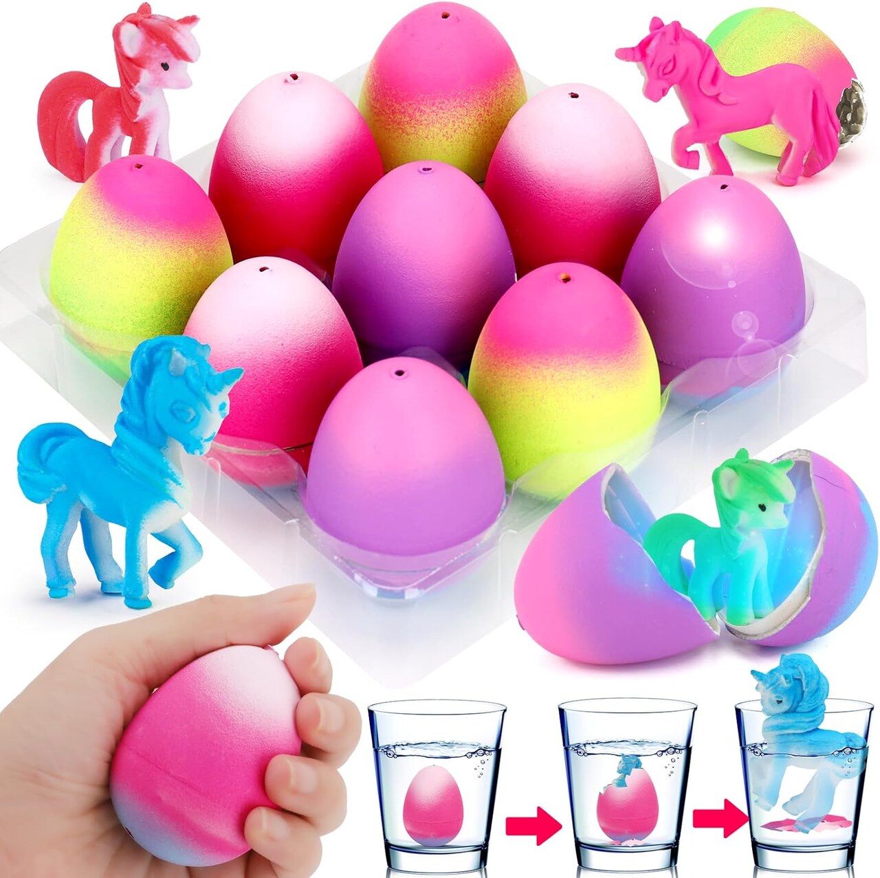 9 PCS Unicorn Hatching Eggs Easter Basket Stuffer Party Favors Treasure Box Toys Classroom Unicorn Toys
